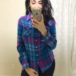 Pink & blue flannel button down